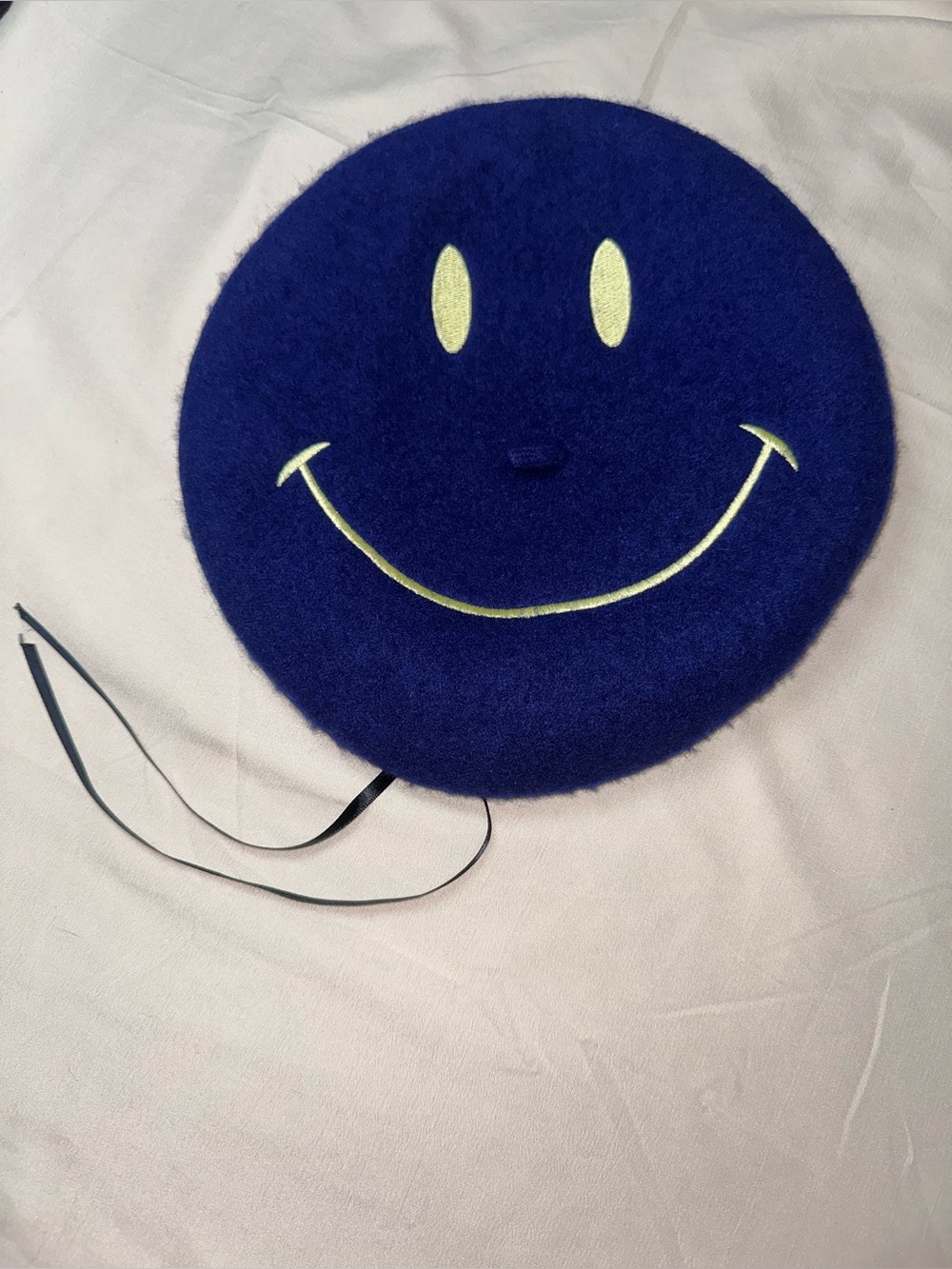 Navy Blue Smiley Wool Beret with Adjustable Ribbons